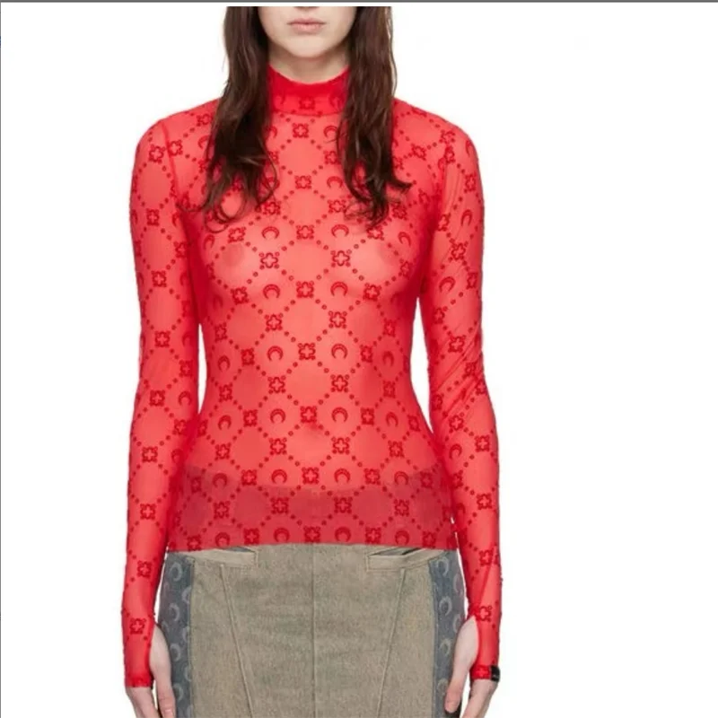 See Through Brand Women Tops Tulle Mesh Versatile Long Sleeve Moon Flocked Shirt Casual Thin  Blouses Y2k Sexy Sheer Blusas 959P
