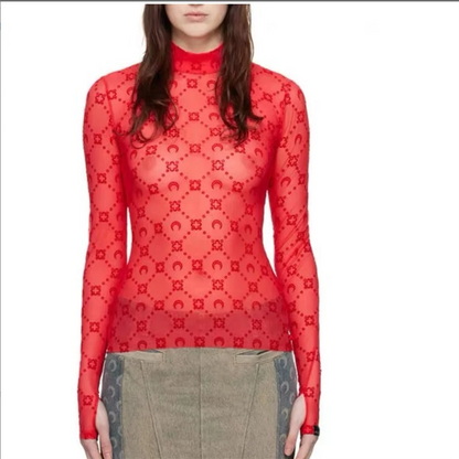 See Through Brand Women Tops Tulle Mesh Versatile Long Sleeve Moon Flocked Shirt Casual Thin  Blouses Y2k Sexy Sheer Blusas 959P
