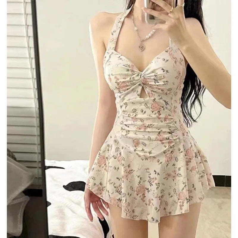 Sexy Halter Neck One Piece Swimsuit Women Elegant Modest Tummy Control Push Up Slimming Beachwear for Hot Spring Vacation