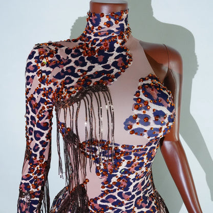 NEW womens bodysuit Sexy Leopard sequin tassels High Collar Bodycon team performance pole dance drag queen outfit singer stage