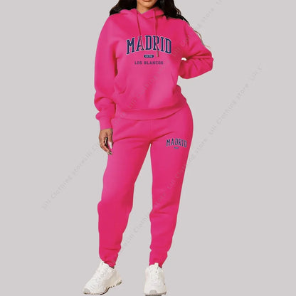 New Ladies TrackSuit Autumn Winter Hoodies Sweatshirts Sweatpants 2 Piece Outfits Madrid Print Trend Sportwear Women Pants Sets