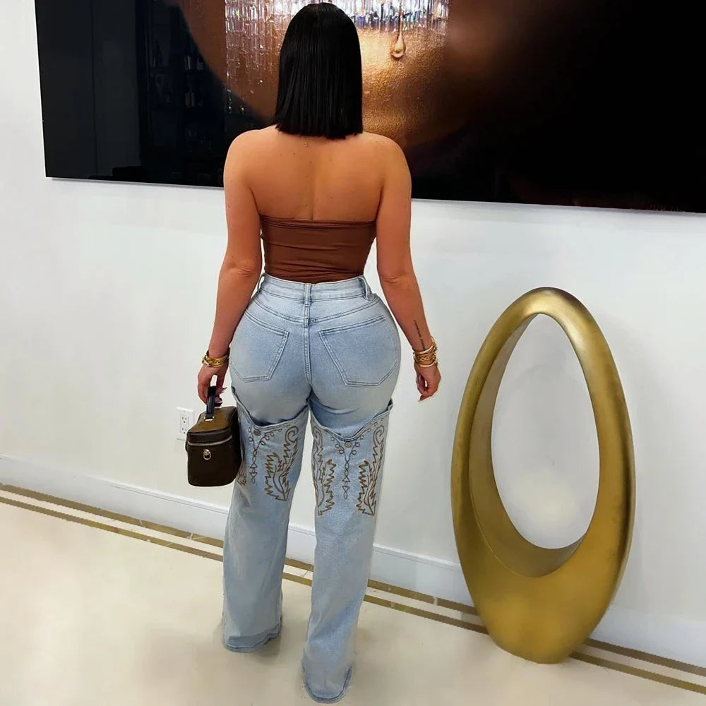 2025 Summer Fashion Woman Vintage Embroidery Denim Trousers Casual High Waist Straight Leg Jeans Women Street Clothes Jean Pants