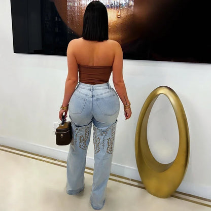 2025 Summer Fashion Woman Vintage Embroidery Denim Trousers Casual High Waist Straight Leg Jeans Women Street Clothes Jean Pants