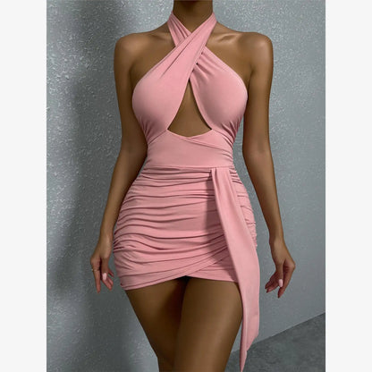 Sexy ort Cross-Ne Bodycon Dr Pink Pleated Skirt Street Sle High Waist Polyester Cotton Blend mid Stretch All Seasons