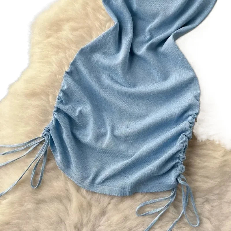 Blue Halter Neck Mini Dress Women's Sleeveless Sundress Ruched Side Drawstring Stretchy Ribbed Knit Bodycon Summer Party Dress