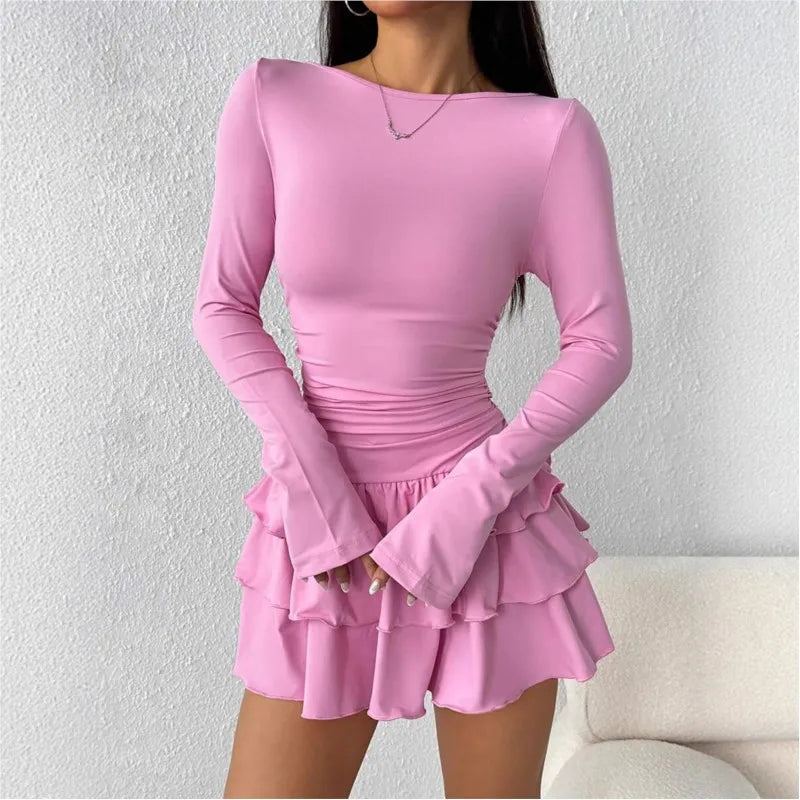 Temperament Dresses 2025 Woman Mini vestidos Simple Style Elegant French Bodycon Slim Pleated Fashion Long Sleeve Commuting Sexy