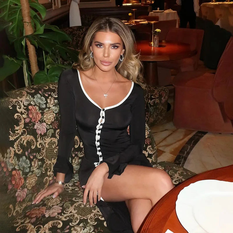 Women's Bodycon Long Dress Streetwear Fashion Split Irregular Ruffle Hem Dresses Female Sexy Single Breasted Deep V-Neck Dress