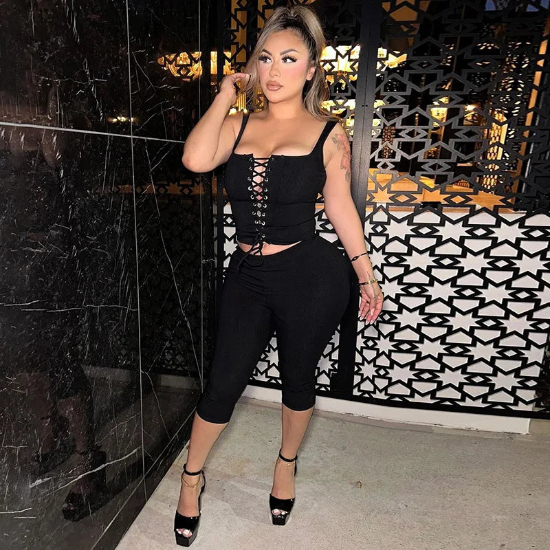 Sexy Club 2 Piece Set Women Outfit Rib Lace-up Crop Top and Matching Leggings 2025 Summer Trendy Female Going Out Two Piece Sets