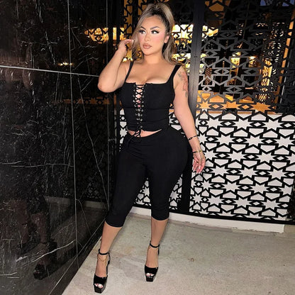 Sexy Club 2 Piece Set Women Outfit Rib Lace-up Crop Top and Matching Leggings 2025 Summer Trendy Female Going Out Two Piece Sets