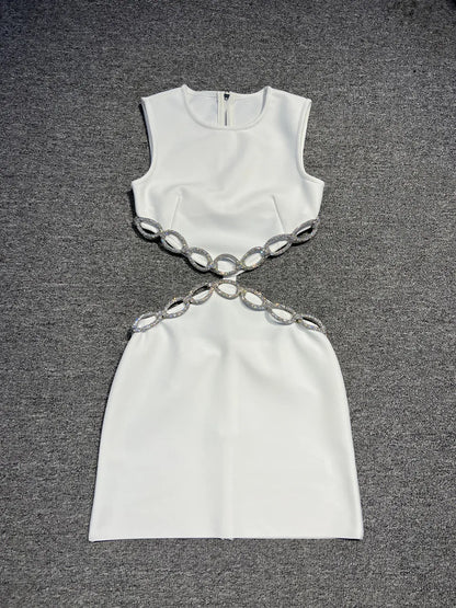 2025 Women Celebrity Sexy Sleeveless Hollow Out Diamonds White Midi Bodycon Dress Elegant Evening Club Party Outfit
