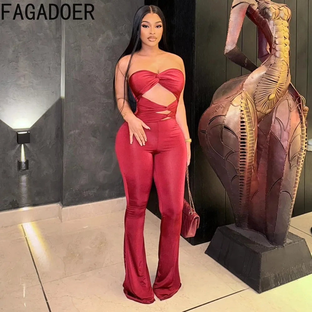 FAGADOER Spring New Sexy Hollow-out Bodycon Jumpsuits Woman Solid Color Sleeveless Backless Rompers Female Streetwear Overalls
