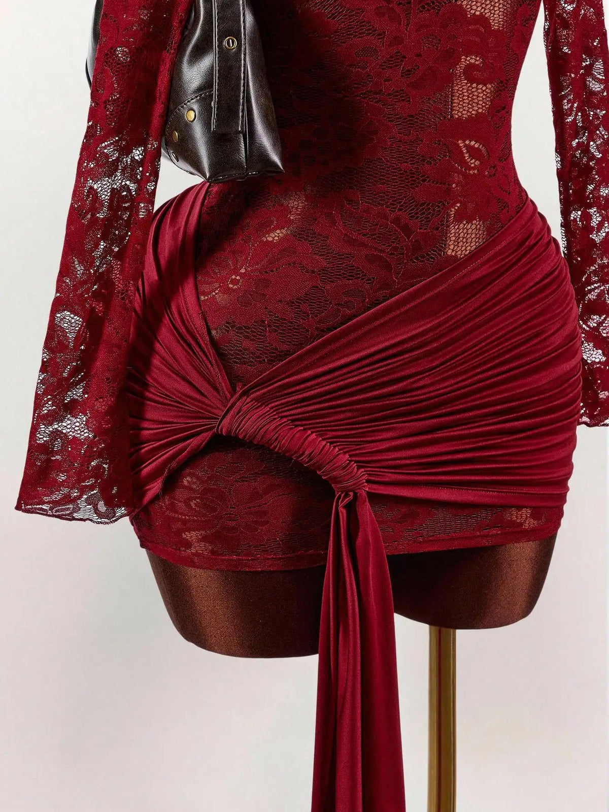 Red Lace Bodycon Mini Dress with Long Sleeves, Ruched Bust & Drawstring Hem for Party Night Club