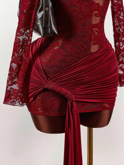 Red Lace Bodycon Mini Dress with Long Sleeves, Ruched Bust & Drawstring Hem for Party Night Club