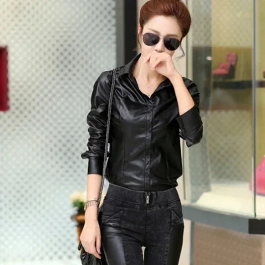 Women Blouses Spring New Shirt Temperament Slim Thin Long-sleeved  tops Women Shirts PU Leather Shirt Big Size Women Tops M2365