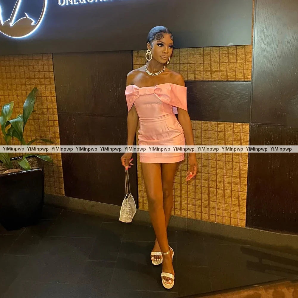 Pink Short Prom Dresses For Black Girls Off Shoulder Satin Birthday Party Gowns Bow Mini Homecoming Cocktail Dress Customized