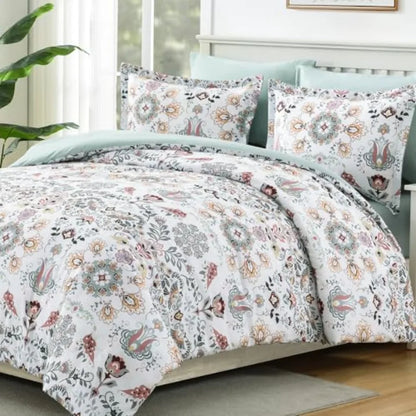 Boho Floral Comforter Set - 7 Piece Queen Bedding in Light Green Microfiber with Elegant Design