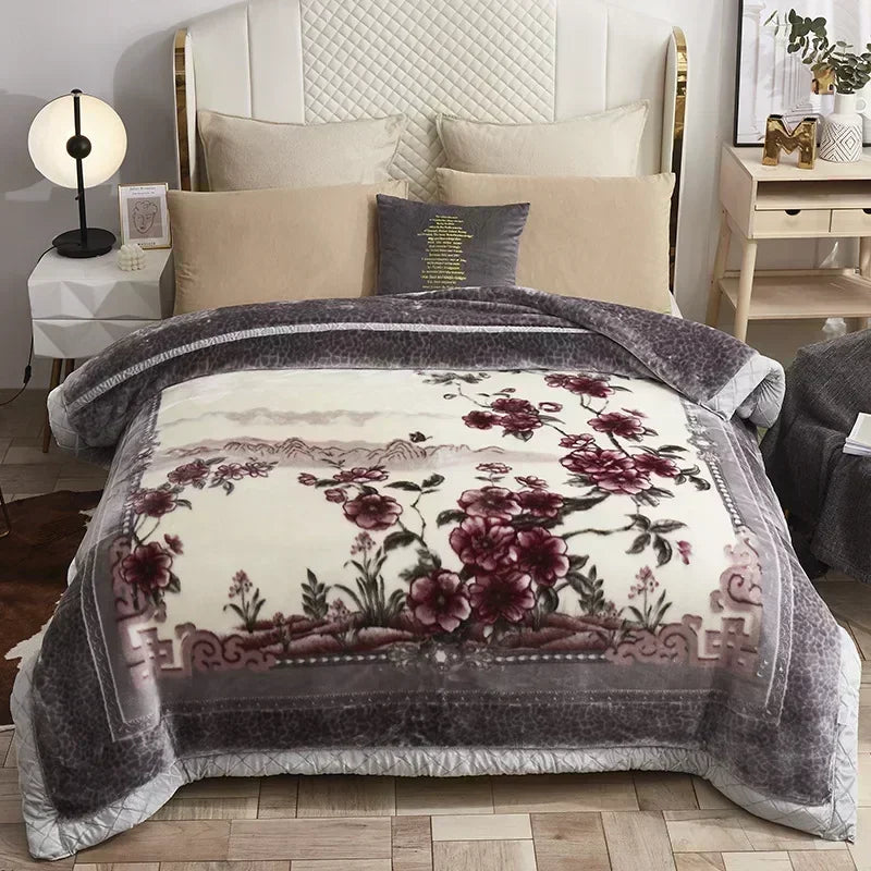 Korean Raschel 2-Ply Heavy Fleece Blanket, 78x90 Queen Size Reversible Geometric Plush Blanket