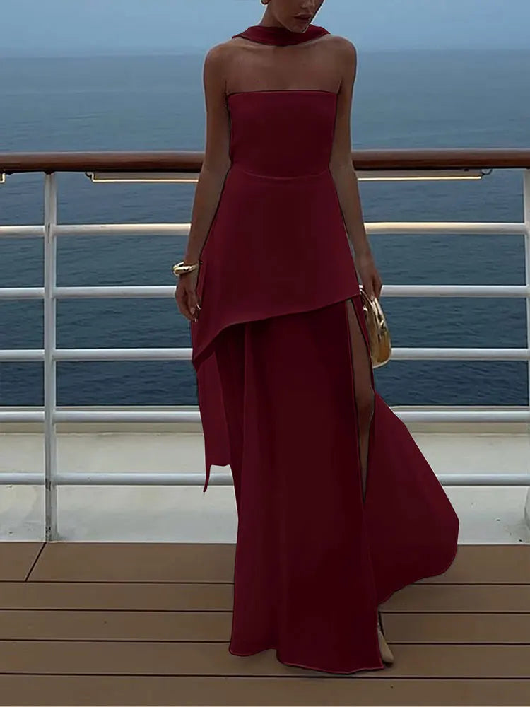 Summer New Women Dresses Streetwear Fashion Ribbon Zippers Split Maxi Dress Solid Sexy Sleeveless Strapless Lady Dress Clothing