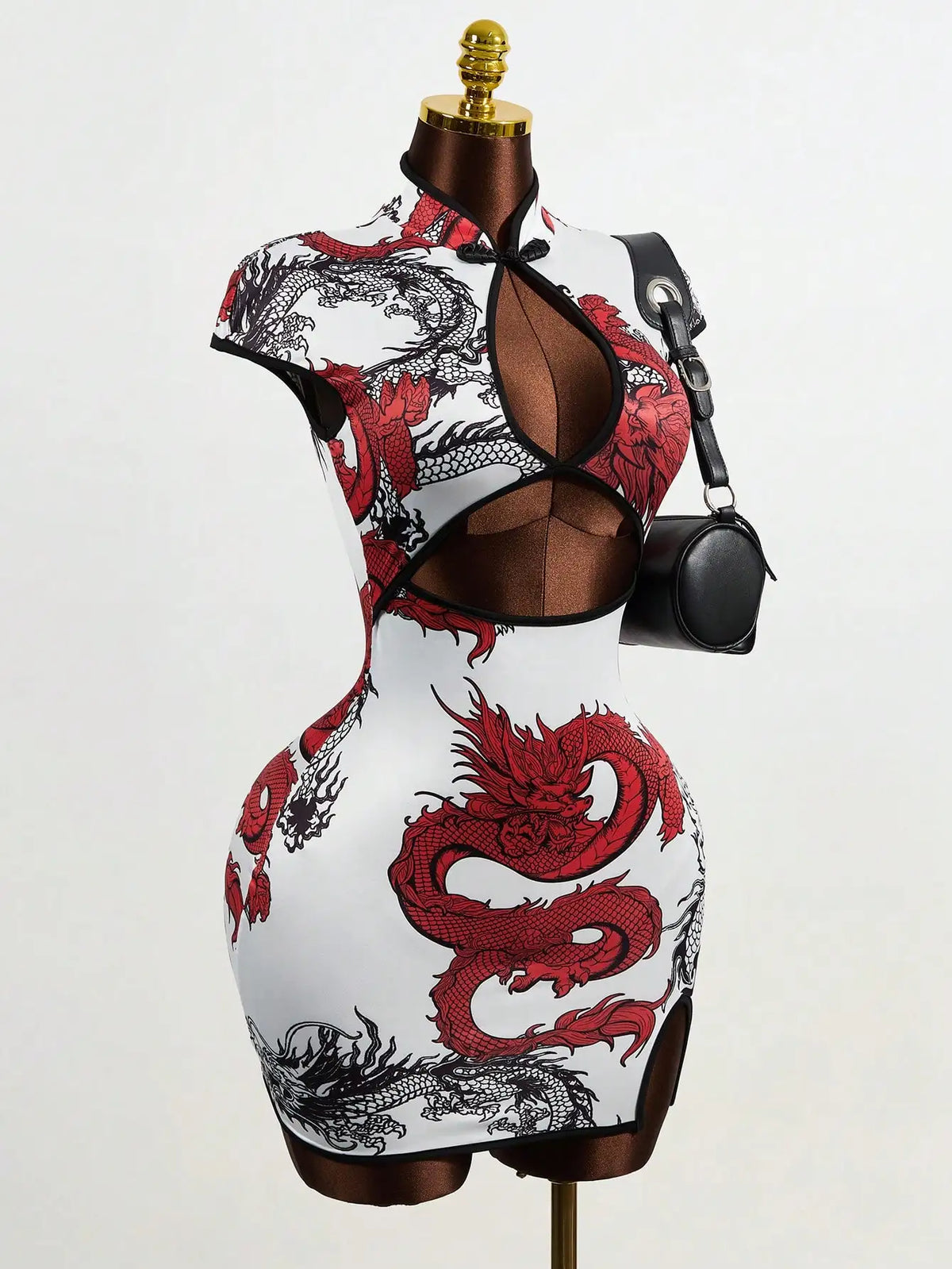 Women's Chinese Dragon Print Hollow-Out Bodycon Dress with Puff Sleeve and Button Detail