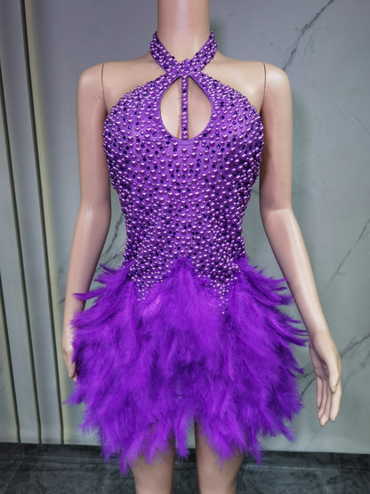 Fashion 2025new sexy Latin dance dress with airy hollow design, feather skirt hanging neck skirt