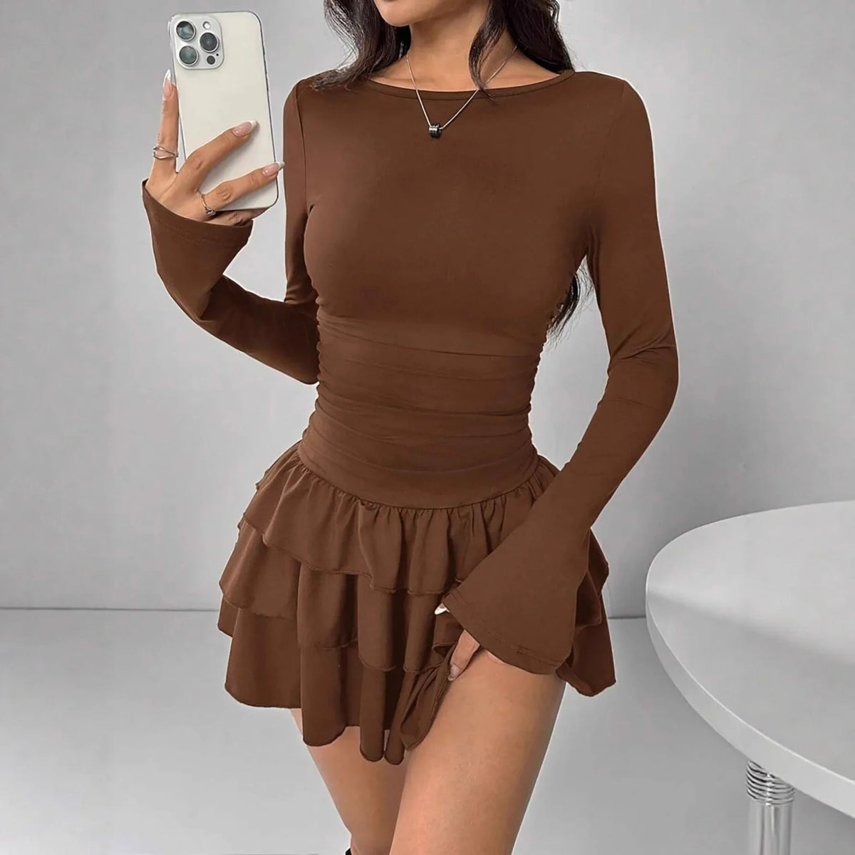 Temperament Dresses 2025 Woman Mini vestidos Simple Style Elegant French Bodycon Slim Pleated Fashion Long Sleeve Commuting Sexy