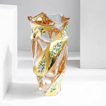 23Cm Thickened Glass Vase with Yellow Gold Floral Design - Modern European Luxury Decor