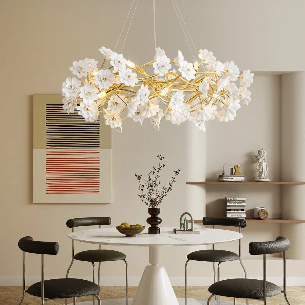 Gold Crystal Chandelier - Elegant Luxury Light Fixture with White Flower Design, 60cm & 80cm Sizes