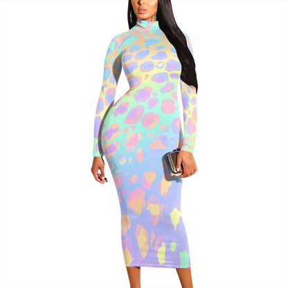 Pastel Leopard Print Bodycon Dress Long Sleeve Y2K Style for Music Festival or Party