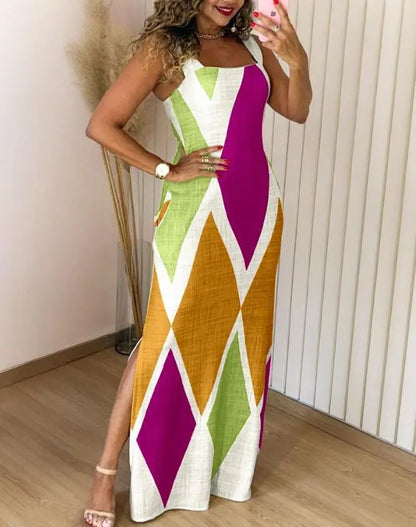 Sexy Slim Printed Dress Fashion Square Collar Suspender Side Split Long Dresses Spring Summer New Vacation Style Women Clothing