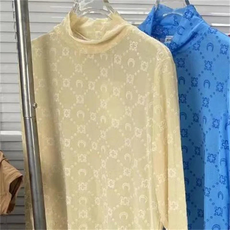 See Through Brand Women Tops Tulle Mesh Versatile Long Sleeve Moon Flocked Shirt Casual Thin  Blouses Y2k Sexy Sheer Blusas 959P