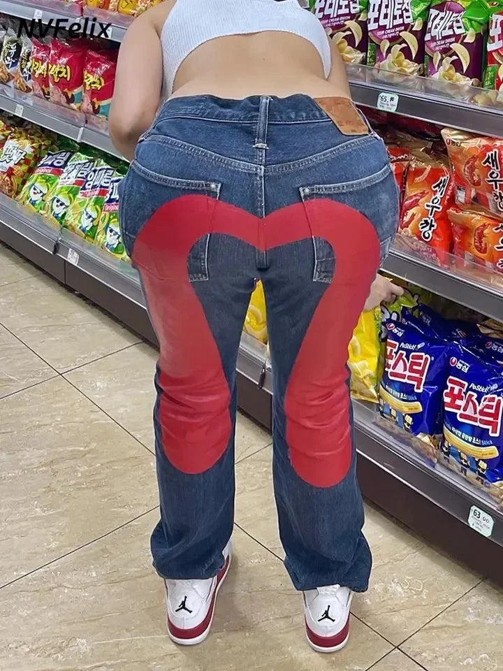 Jeans Women Gothic Y2K Retro Streetwear Black Cargo Punk Vintage Kpop Print Wide Leg Denim Panrts Female Autumn Trousers Pants