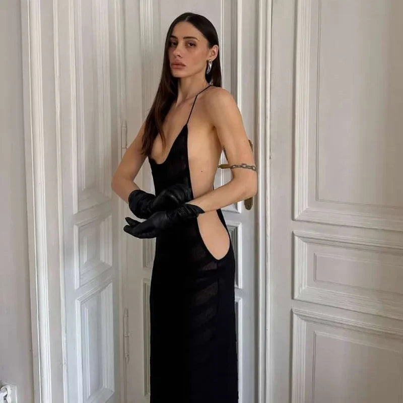 Mesh See Through Sexy Halter Party Club Maxi Split Dress Outfits Women Summer Sleeveless Backless Bodycon Long Dresses Vestido