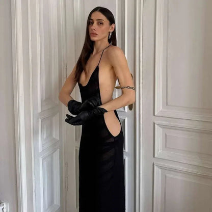 Mesh See Through Sexy Halter Party Club Maxi Split Dress Outfits Women Summer Sleeveless Backless Bodycon Long Dresses Vestido