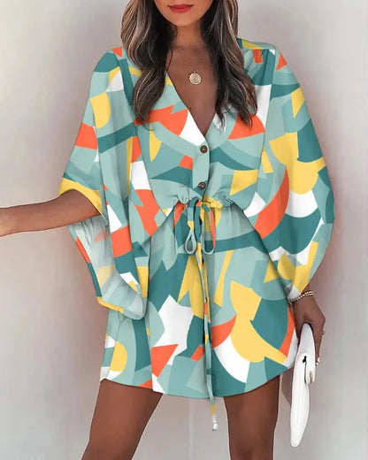 Women Print Dress Sexy V-Neck Bat Sleeve Ruffl Flowers Print Bohemian Beach Sundress Ladies Loose Summer Vacation Mini Dresses