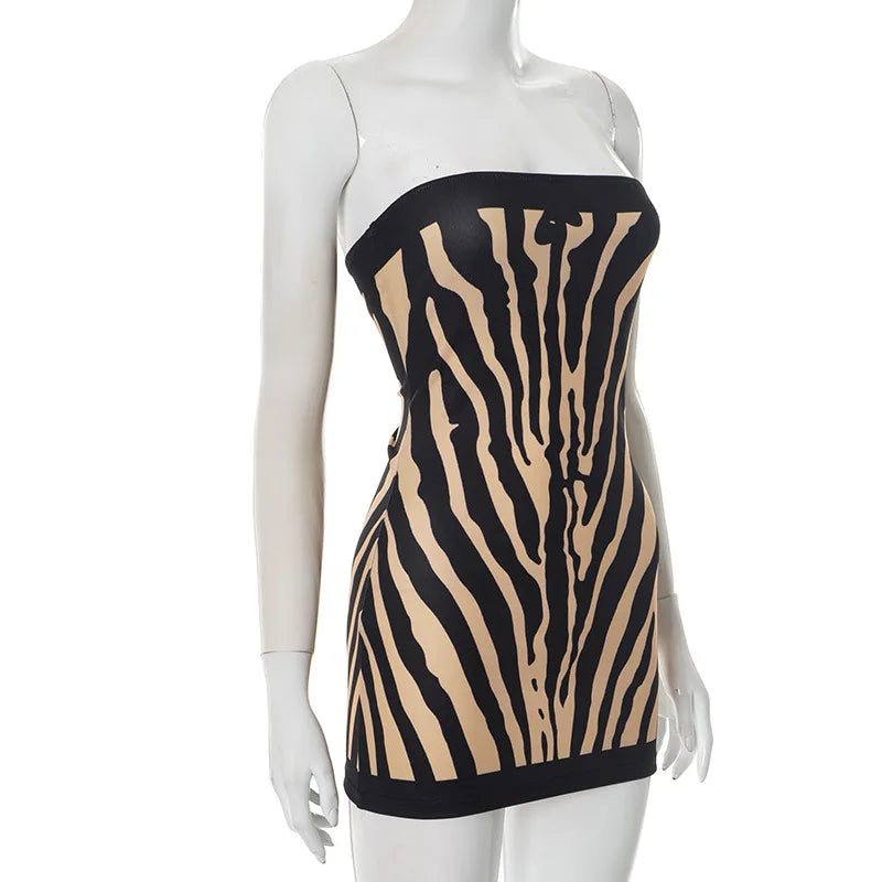 Zebra Striped Strapless Backless Women Mini A Line Dress Outfits Autumn Winter Off Shoulder Sleeveless Bodycon Dresses Vestido