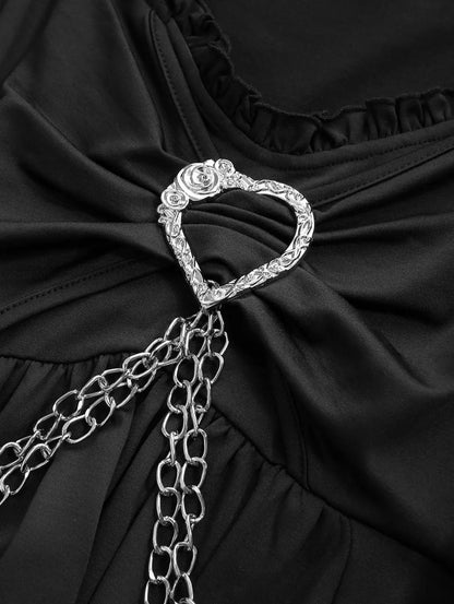 ROSEGAL Plus Size Women’s Gothic Dresses Ruched Heart Buckle Ruffles Cold Shoulder Floral Lace Flare Sleeves Ladies Dress Black