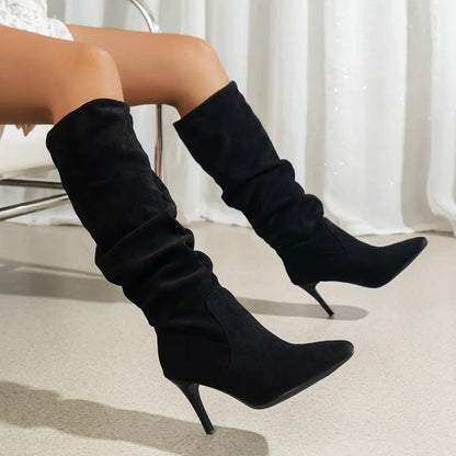 Shoes for Women Elegant Heeled Footwear Long New High Heels Autumn Winter Knee Suede Solid Color Pointed Toe Ladies Botas Mujer