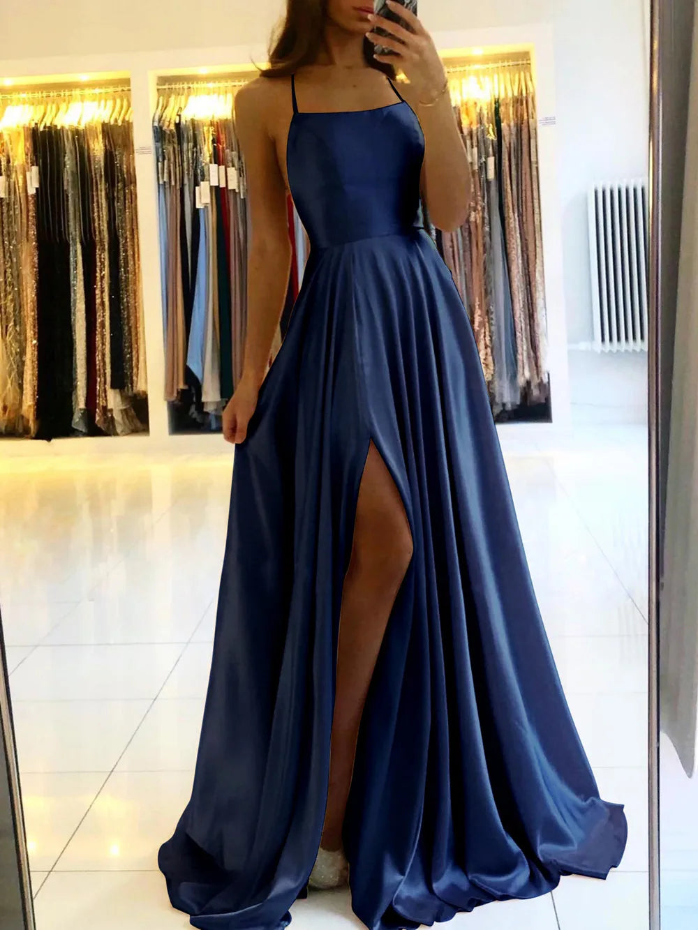 MisShow Satin Cowl Neck Tie Straps Maxi Women Summer Dresses Sexy High Slit Bridesmaid Evening Prom Party Dress for Night out