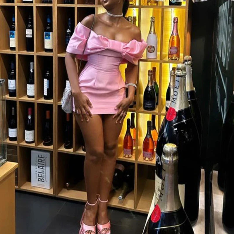 Pink Short Prom Dresses For Black Girls Off Shoulder Satin Birthday Party Gowns Bow Mini Homecoming Cocktail Dress Customized