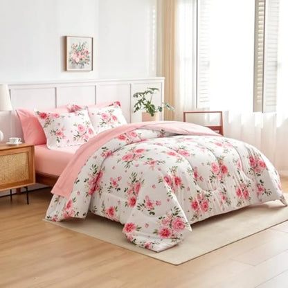 Elegant 7-Piece Queen Floral Bedding Set & 6-Piece Twin Comforter Set - Soft Microfiber, Reversible Pink & White Design