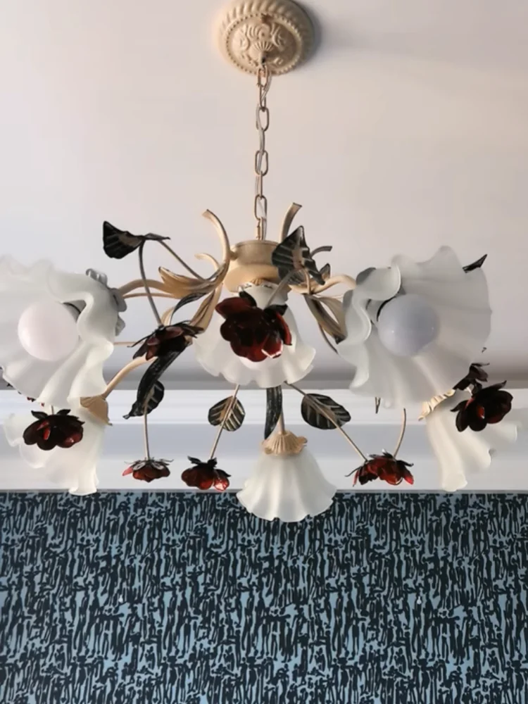 Floral Chandelier with Red Rose Accents, Golden Vines & LED Lights - 4/6/9 Heads