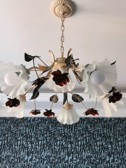 Floral Chandelier with Red Rose Accents, Golden Vines & LED Lights - 4/6/9 Heads