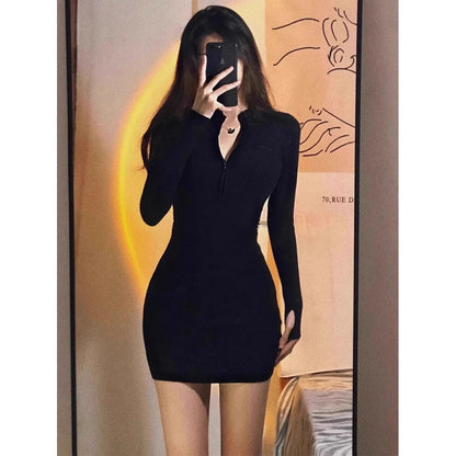 Sexy Slimming Short Dress Women's Bodycon Skirt Long Sleeve Autumn Winter Fashion Trendy Street Style Polyester Spandex Blend