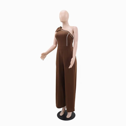 Women Jumpsuits For Spring Summer Sleeveless One Shoulder Bow Loose Fashion Streetwear Overalls Solid Wide Leg Pants Trousers