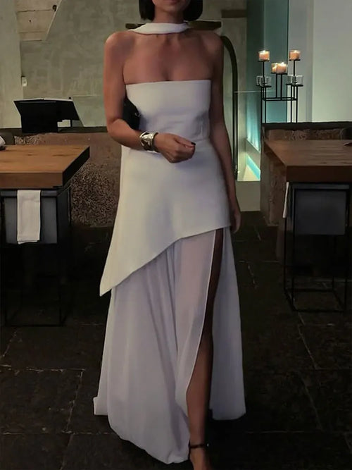 Summer New Women Dresses Streetwear Fashion Ribbon Zippers Split Maxi Dress Solid Sexy Sleeveless Strapless Lady Dress Clothing