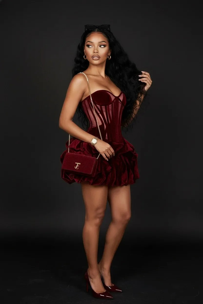 Sexy Wine Red Ruched Bubble Short Women Party Dresses With A Corset Bustier Girls Birthday Mini Dress