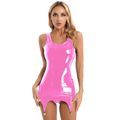 Womens Latex Bodycon Tight Mini Dress Rave Clubwear Back Zipper Glossy Patent Leather Bodycon Short Dress with Garter Clips