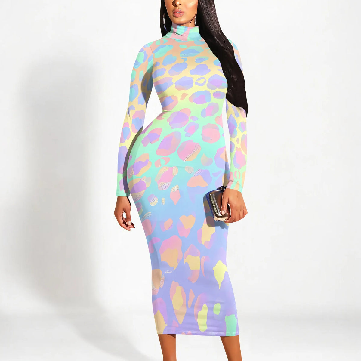 Pastel Leopard Print Bodycon Dress Long Sleeve Y2K Style for Music Festival or Party