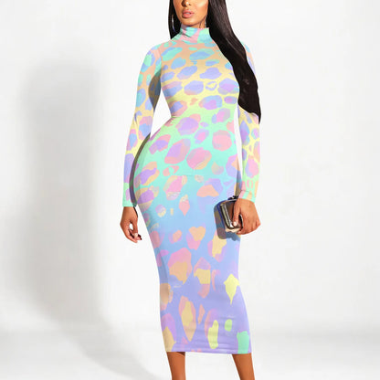 Pastel Leopard Print Bodycon Dress Long Sleeve Y2K Style for Music Festival or Party