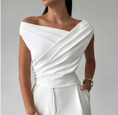 Fashion Simple Office Tops Female Slash Neck Sleeveless Blouse shirts For Women Elegant Summer Women Shirt White Black